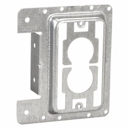 1321 Low Voltage metal plate - CSG Electric Supply Metal electrical mounting bracket with a rounded duplex receptacle opening and screw holes around the frame.
