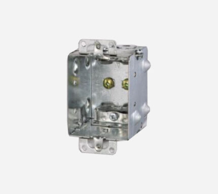 47_1024x1024 - CSG Electric Supply Angled view of a rectangular metal electrical box with mounting lugs and knockouts for wiring.