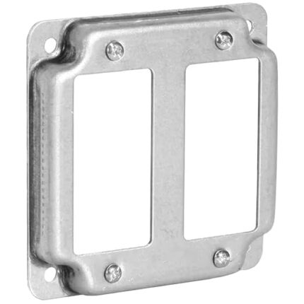 Metal double-gang wall plate frame with two rectangular openings and four screw holes for mounting two switches or outlets