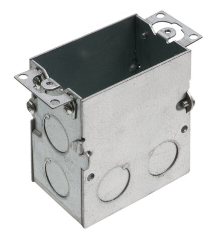 FLB5319 - CSG Electric Supply Rectangular metal electrical box with knockouts on the sides and mounting ears for installation.