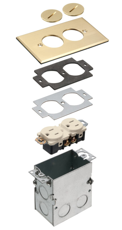 FLB5321MB - CSG Electric Supply Exploded view of a two-gang electrical outlet kit: brass wall plate, gaskets, duplex receptacle, and metal mounting box.