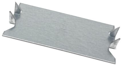 protection plate for metal stud - CSG Electric Supply Flat galvanized steel plate with four angled side tabs/flares along its edges, forming a shallow bracket.